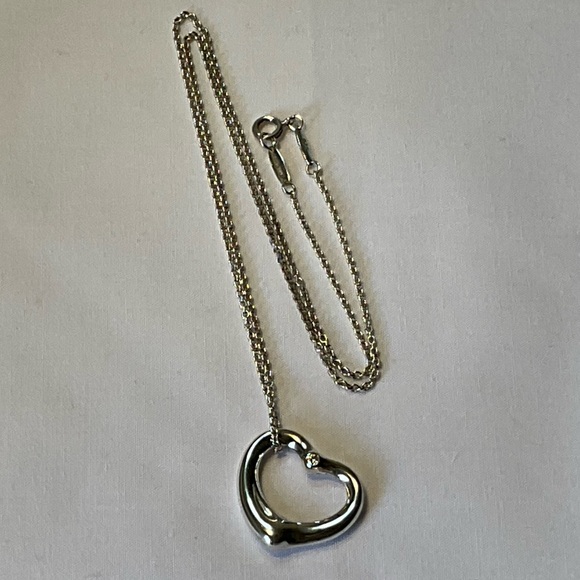 Tiffany & Co. Elsa Peretti Silver Open Heart Diamond Pendant Necklace 18" - Picture 7 of 11